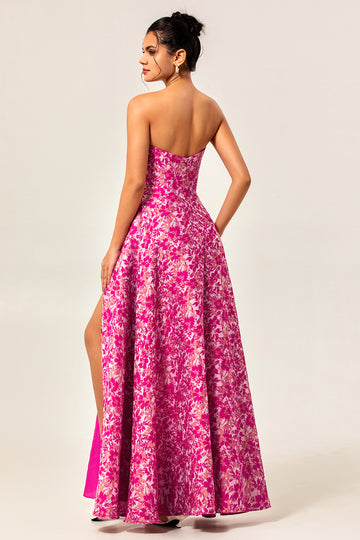 Fuchsia Floral Strapless Corset A-Line Wedding Guest Dress with Pockets